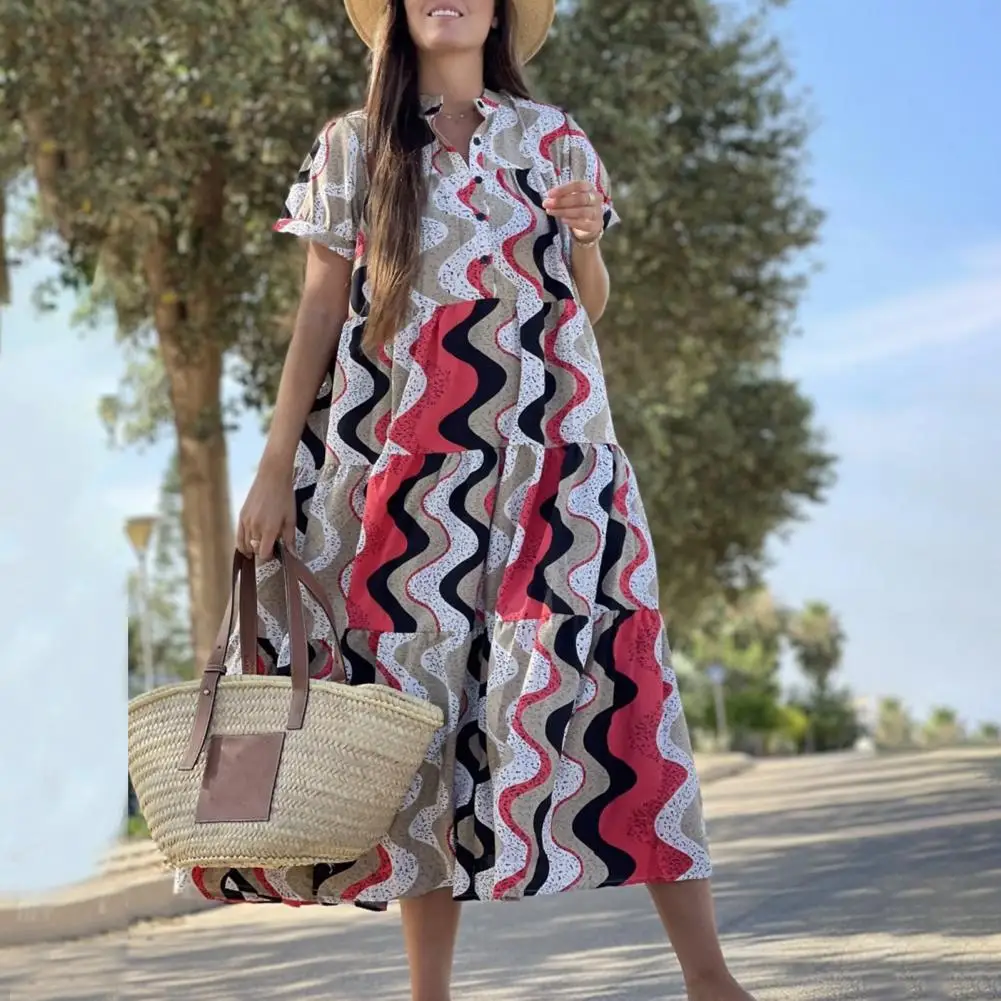 Bohemian Style Shirt Collar Print Women's Midi Dress Large Hem Short Sleeved Dress Long Skirt Ruffle Stitching Beach Dress
Bohemian Style Shirt Collar Print Women's Midi Dress Large Hem Short Sleeved Dress Long Skirt Ruffle Stitching Beach Dress