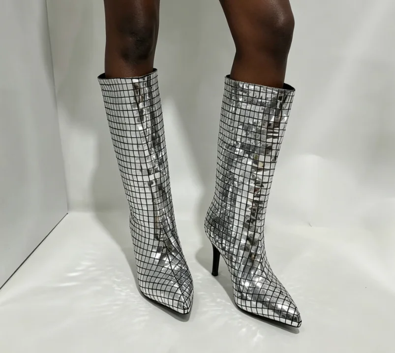 Women Silver Disco Mirror Grid Sequin Pointed Toe Stiletto Heel Mid Calf Boots 2026 New Party Clubwear Stage Performance Shoes
Women Silver Disco Mirror Grid Sequin Pointed Toe Stiletto Heel Mid Calf Boots 2026 New Party Clubwear Stage Performance Shoes