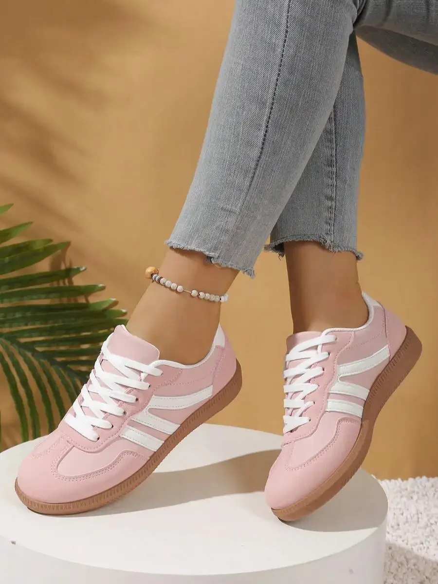 Womens Pink Casual Flat Sneakers With White Stripes Comfortable Lace-Up Shoes For Spring Summer
Womens Pink Casual Flat Sneakers With White Stripes Comfortable Lace-Up Shoes For Spring Summer