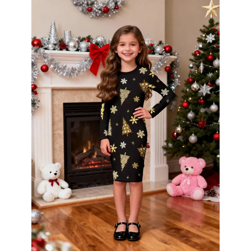 2026 New Children's Black Gold Christmas Tree Snowflake Pattern Print Children's Day Long Sleeve Dress Slim Cute Dress
2026 New Children's Black Gold Christmas Tree Snowflake Pattern Print Children's Day Long Sleeve Dress Slim Cute Dress