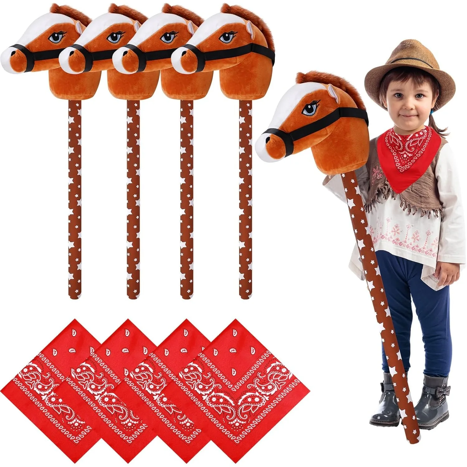 Brown Horse Stick Toys with Red Bandana Set Stick Horse Western Cowboy Bandana Head for Boys Girls Fun Pretend Games Party
Brown Horse Stick Toys with Red Bandana Set Stick Horse Western Cowboy Bandana Head for Boys Girls Fun Pretend Games Party