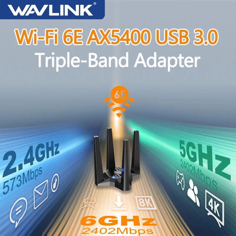 WAVLINK USB3.0 WiFi 6E Triple-Band AX5400 Wireless Adapter USB Wifi Dongle WPA3 MU-MIMO OFDMA 4x3dBi Antennas For Windows 11/10
WAVLINK USB3.0 WiFi 6E Triple-Band AX5400 Wireless Adapter USB Wifi Dongle WPA3 MU-MIMO OFDMA 4x3dBi Antennas For Windows 11/10
