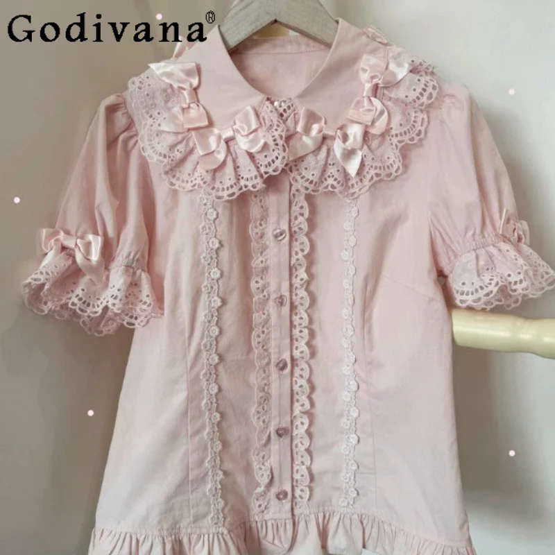 Lolita Summer Sweet Peter Pan Collar Short Sleeve Bottoming Shirt Cute Girl Versatile Age Reduction Fashion Lace Splicing Shirts
Lolita Summer Sweet Peter Pan Collar Short Sleeve Bottoming Shirt Cute Girl Versatile Age Reduction Fashion Lace Splicing Shirts