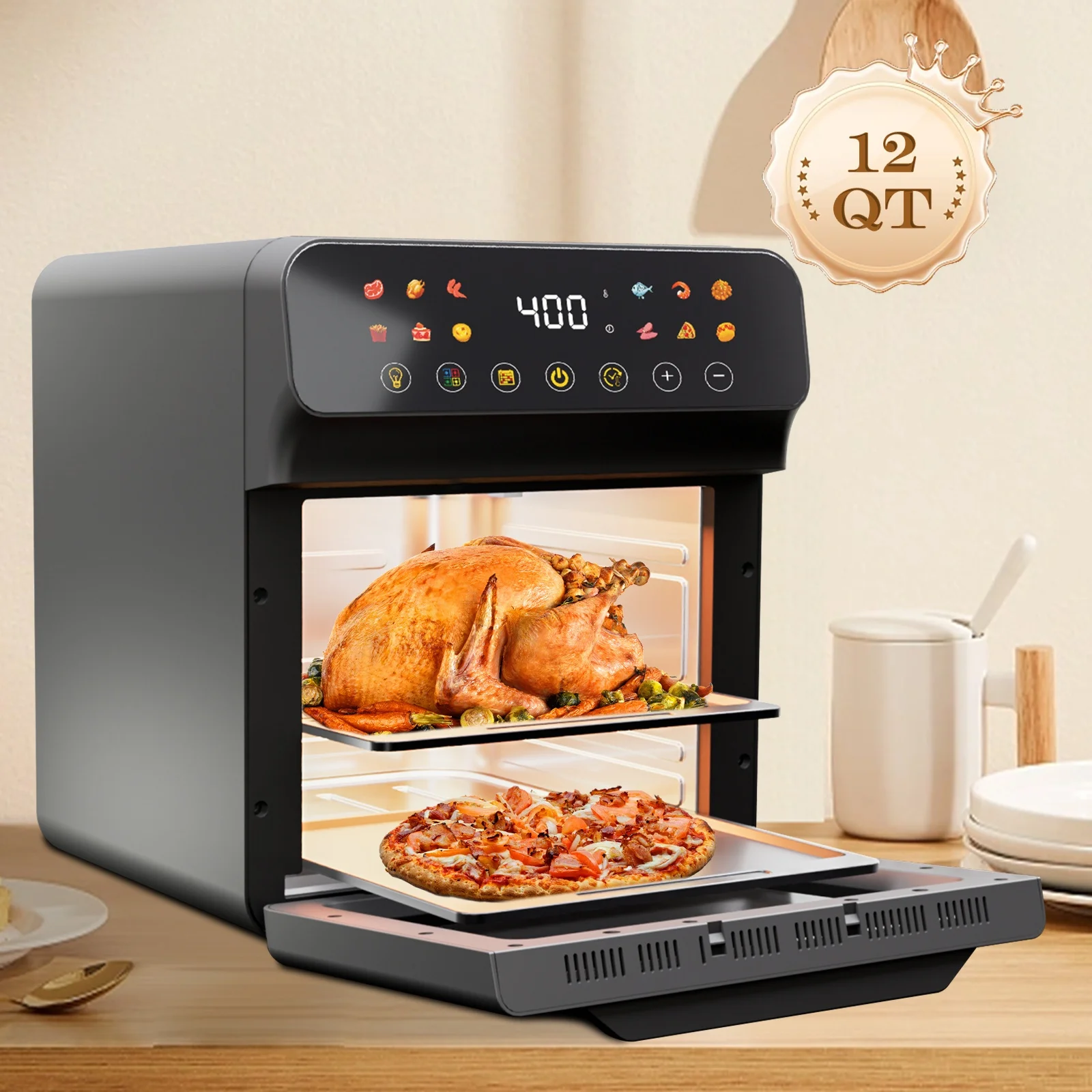 12QT Air Fryer Convection Oven with 12-in-1 Multi Function, Visible Window, Touchscreen,Healthy Choice,Oil-Free,Non-Stick Basket
12QT Air Fryer Convection Oven with 12-in-1 Multi Function, Visible Window, Touchscreen,Healthy Choice,Oil-Free,Non-Stick Basket