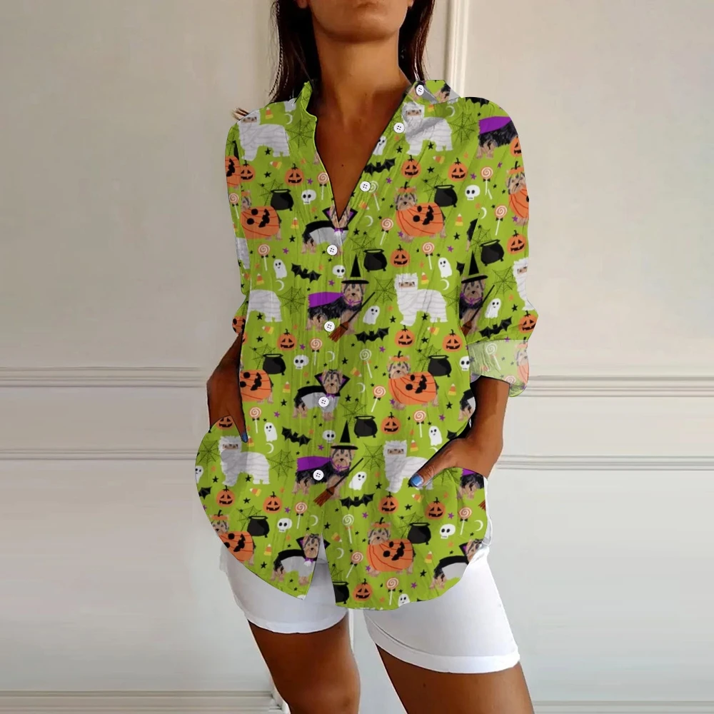 Mystical Halloween Printed Lapel Button-Down Shirt Spooky-Chic Cute Halloween Dog Ghost Green Long-Sleeve Top Witchs Outfit
Mystical Halloween Printed Lapel Button-Down Shirt Spooky-Chic Cute Halloween Dog Ghost Green Long-Sleeve Top Witchs Outfit