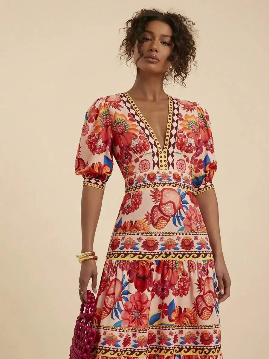 V-Neck Floral Puff Sleeve Midi Dress For Women, Bohemian Summer Vacation Beachwear, Festival And Holiday Outfit
V-Neck Floral Puff Sleeve Midi Dress For Women, Bohemian Summer Vacation Beachwear, Festival And Holiday Outfit