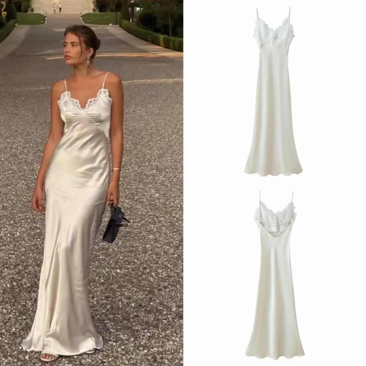 Women Chic Lace Patchwork Sling Dress Women Sexy V-neck Sleeveless Backless Satin Slim Long Gown Lady Evening Party Dress
Women Chic Lace Patchwork Sling Dress Women Sexy V-neck Sleeveless Backless Satin Slim Long Gown Lady Evening Party Dress