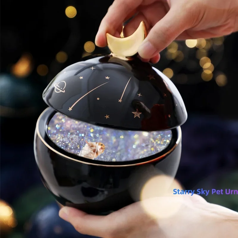 Luxury Starry Sky Spherical Ceramic Pet Urn with Decal Gilding Craft Gold Moon Lid Airtight Moisture Proof Memorial Ashes Casket
Luxury Starry Sky Spherical Ceramic Pet Urn with Decal Gilding Craft Gold Moon Lid Airtight Moisture Proof Memorial Ashes Casket