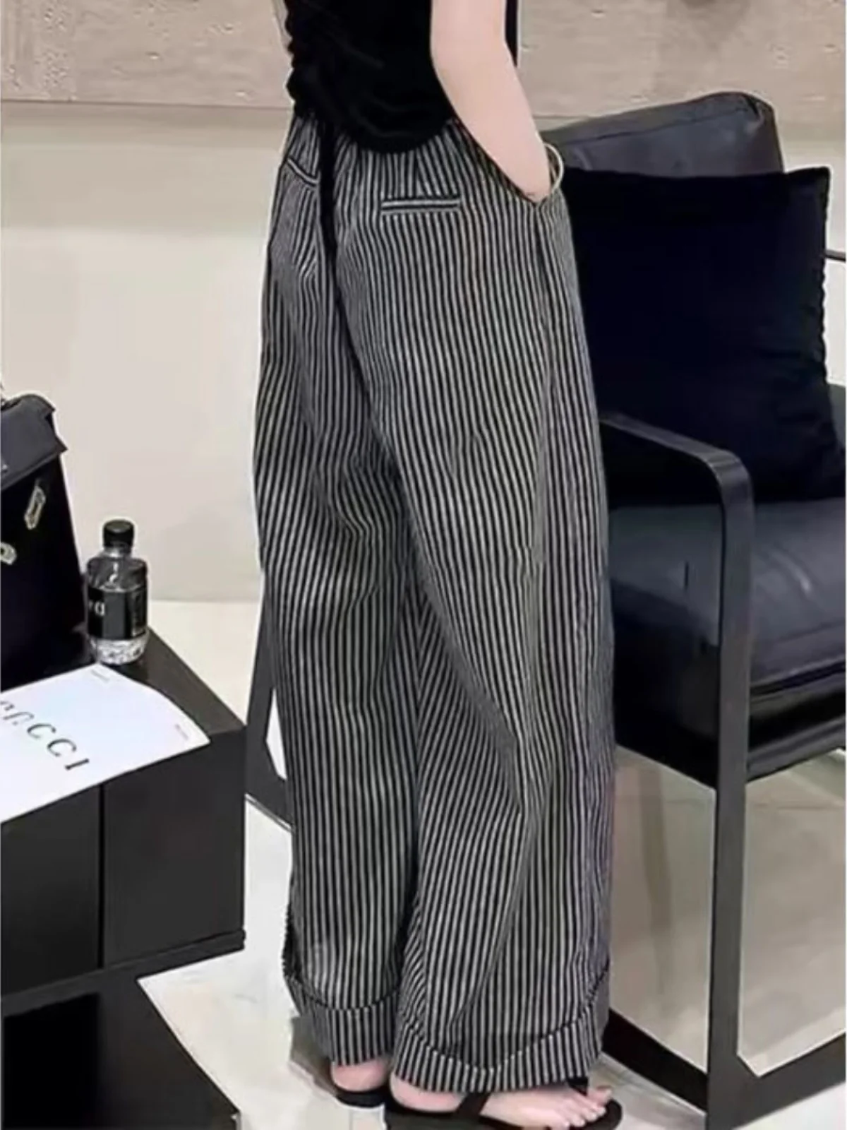 High Waist Wide Leg Striped Casual Pants Slimming Straight Cut Spring Faion plus Size Women's Clothing Lazy Sle
High Waist Wide Leg Striped Casual Pants Slimming Straight Cut Spring Faion plus Size Women's Clothing Lazy Sle