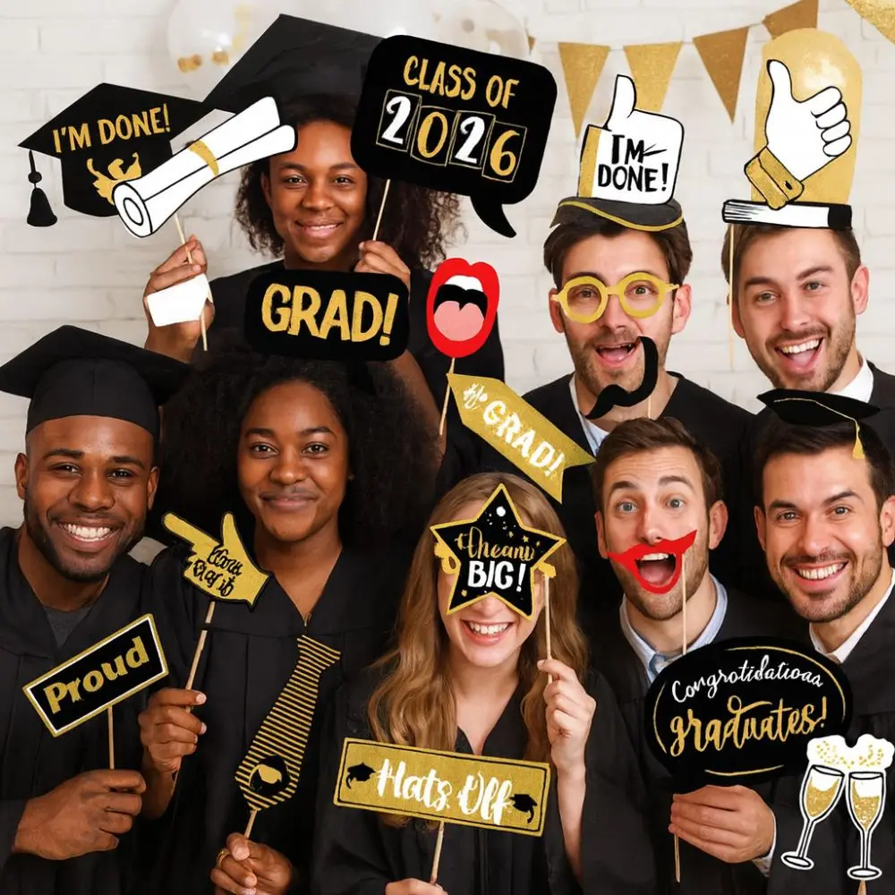 25pcs Black Golden Graduation Photo Props Congratulation Beard Glasses Graduation Cake Topper Festival Bachelor Cap
25pcs Black Golden Graduation Photo Props Congratulation Beard Glasses Graduation Cake Topper Festival Bachelor Cap
