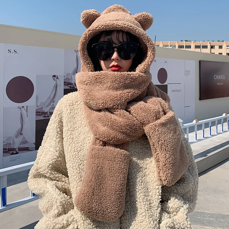 Bear Hat Gloves Female Cute Plush Girl Winter Scarf Hooded Integrated Three-Piece Set Scarf
Bear Hat Gloves Female Cute Plush Girl Winter Scarf Hooded Integrated Three-Piece Set Scarf
