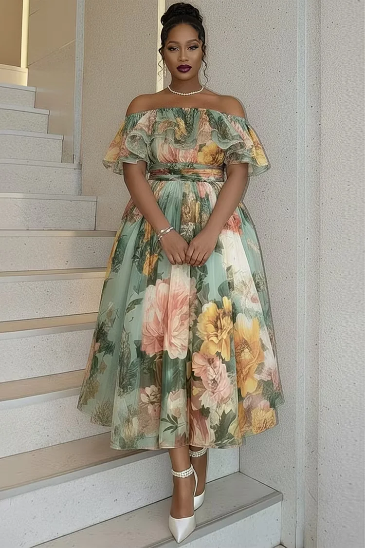 Plus Size Cocktail Party Sage Green Floral Off The Shoulder Ruffle Chiffon Maxi Dress A-Line Flowy Formal Dress for Women
Plus Size Cocktail Party Sage Green Floral Off The Shoulder Ruffle Chiffon Maxi Dress A-Line Flowy Formal Dress for Women