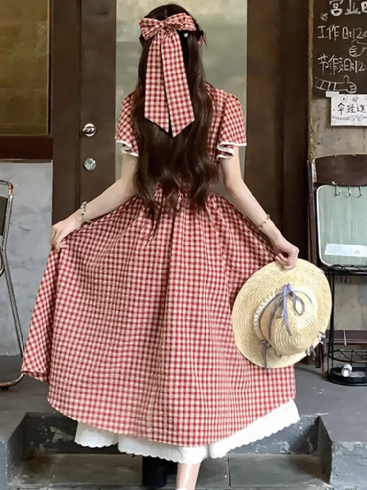 Elegant Red Plaid Midi Dresses for Women Lace Patchwork V-neck A-line Sweet Casual Summer New Party Dress Kawaii Vestidos Mujer
Elegant Red Plaid Midi Dresses for Women Lace Patchwork V-neck A-line Sweet Casual Summer New Party Dress Kawaii Vestidos Mujer