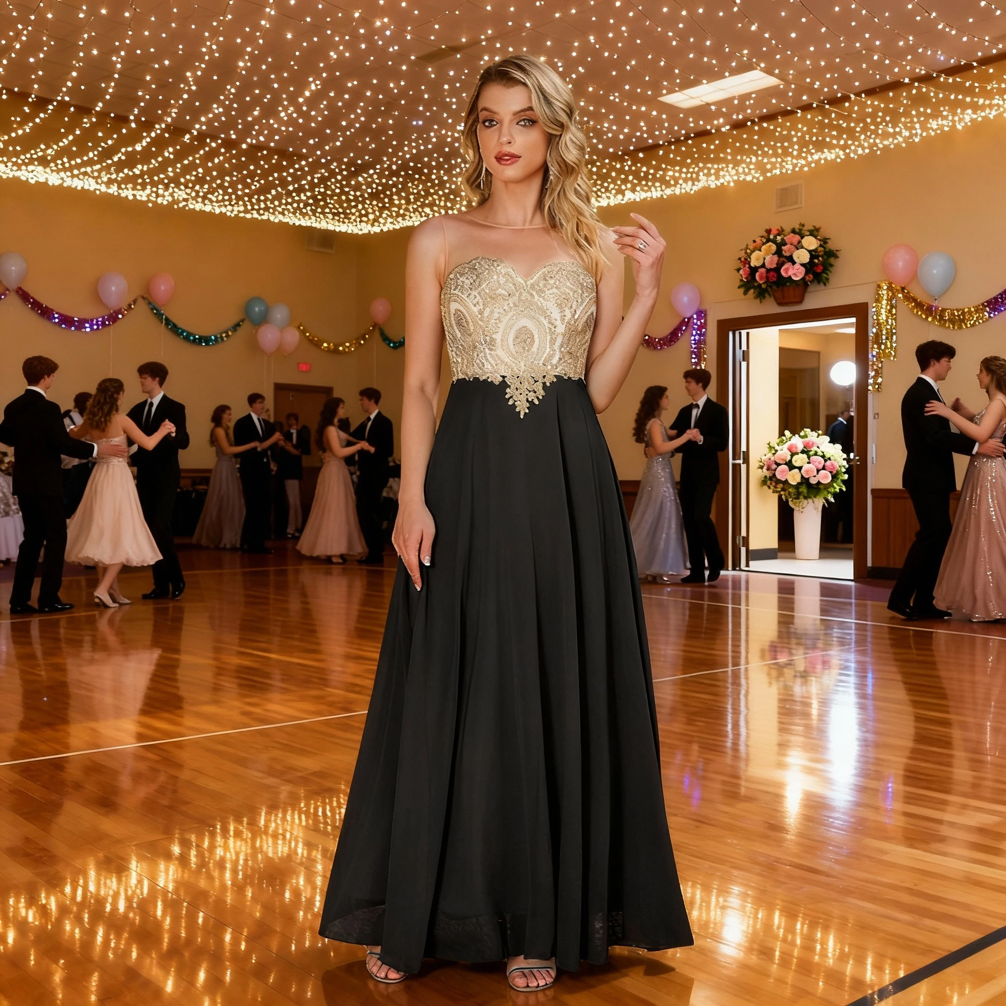 STEPHANIE Illusion Sweetheart Dress Evening Dresses Gowns - Gold Lace Bodice with Elegant Black Chiffon Skirt for Galas CPS620
STEPHANIE Illusion Sweetheart Dress Evening Dresses Gowns - Gold Lace Bodice with Elegant Black Chiffon Skirt for Galas CPS620