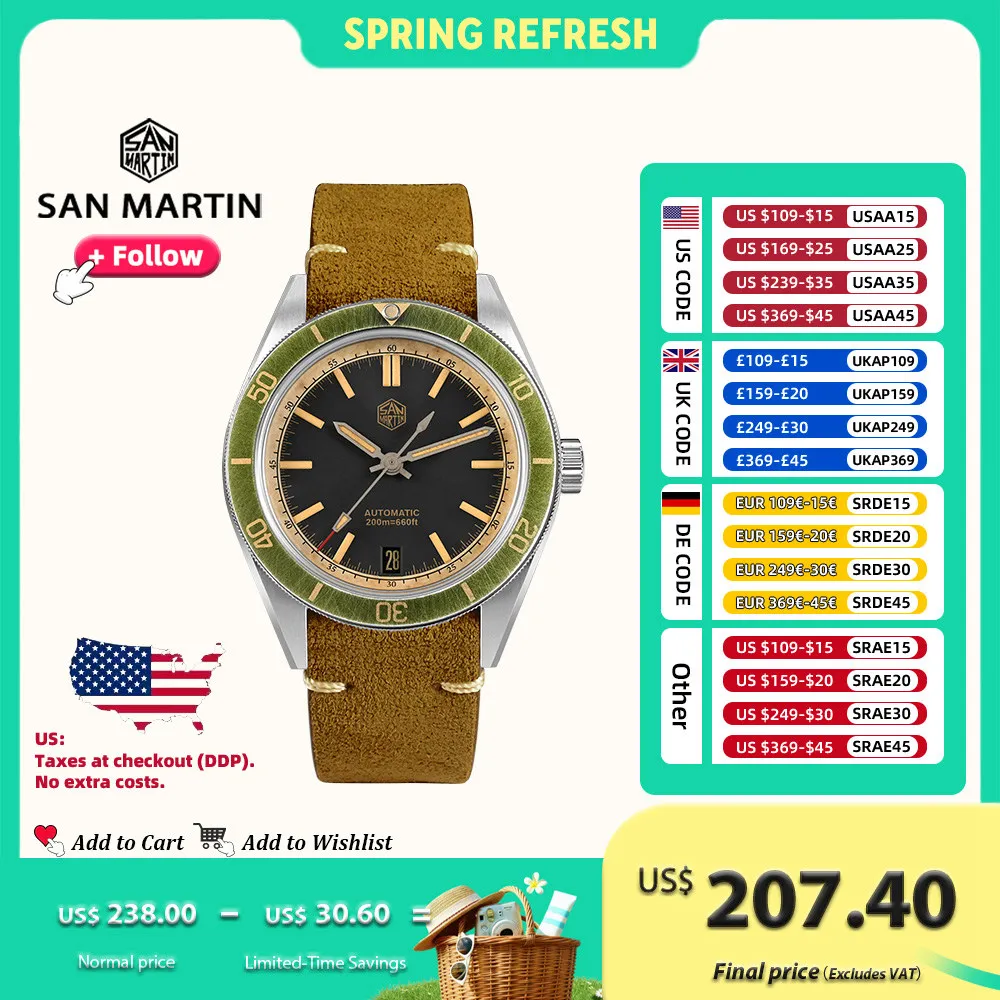 San Martin 39.5mm Dive Watch Vintage Distressed Effect NH35 Men Automatic Mechanical Watches Waterproof 200m Lume SN0116 Reloj
San Martin 39.5mm Dive Watch Vintage Distressed Effect NH35 Men Automatic Mechanical Watches Waterproof 200m Lume SN0116 Reloj