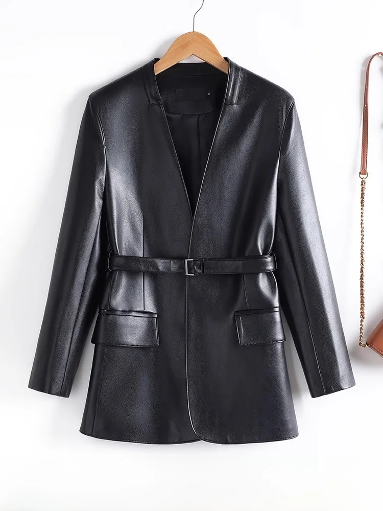 Ele Mid-Length eepskin Leather Jaet 2025 New Sle Women's Faion Coat with Belt Slimming Outerwear
Ele Mid-Length eepskin Leather Jaet 2025 New Sle Women's Faion Coat with Belt Slimming Outerwear