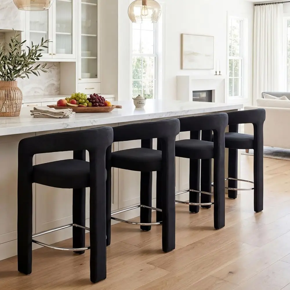 Set of 4 Velvet Upholstered Bar Stools, Open Back, Armrests, Black, 26 Inch Tall
Set of 4 Velvet Upholstered Bar Stools, Open Back, Armrests, Black, 26 Inch Tall