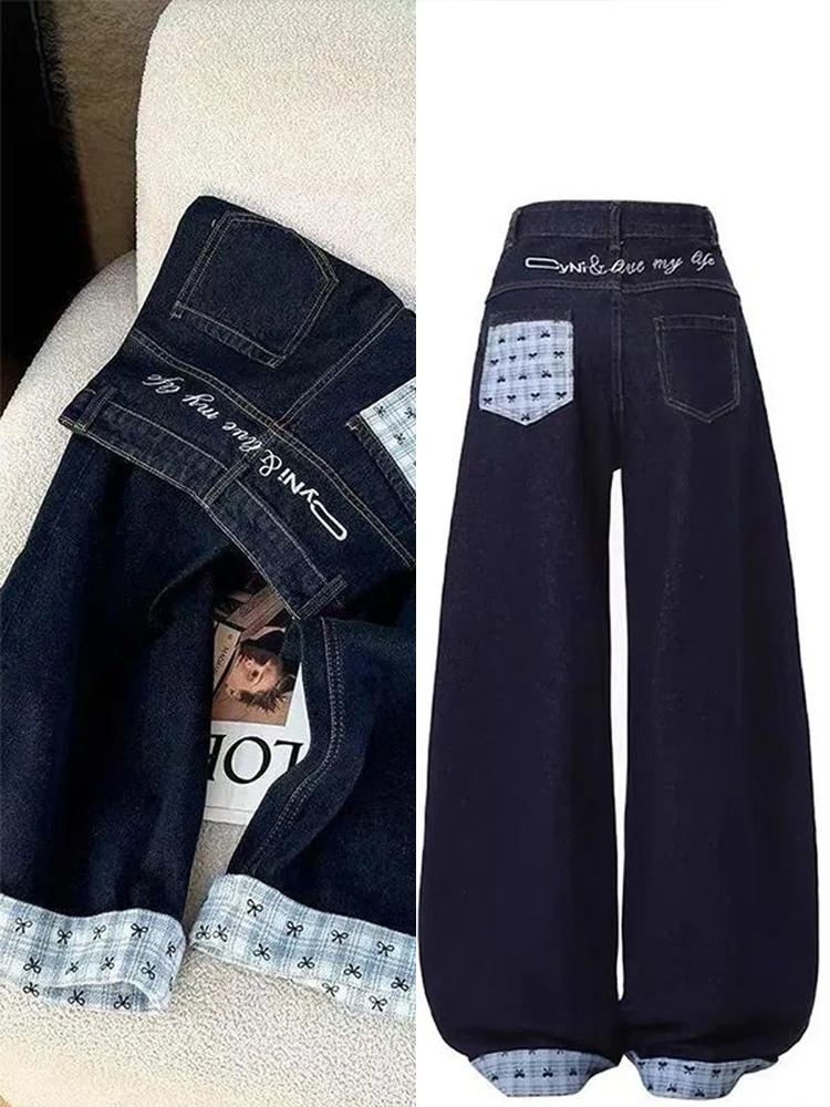 Deep Blue Denim Jeans Women's Summer New Lazy Style Color Block Letter Embroidery High Waist Straight Leg Cuffed Wide Leg Pants
Deep Blue Denim Jeans Women's Summer New Lazy Style Color Block Letter Embroidery High Waist Straight Leg Cuffed Wide Leg Pants
