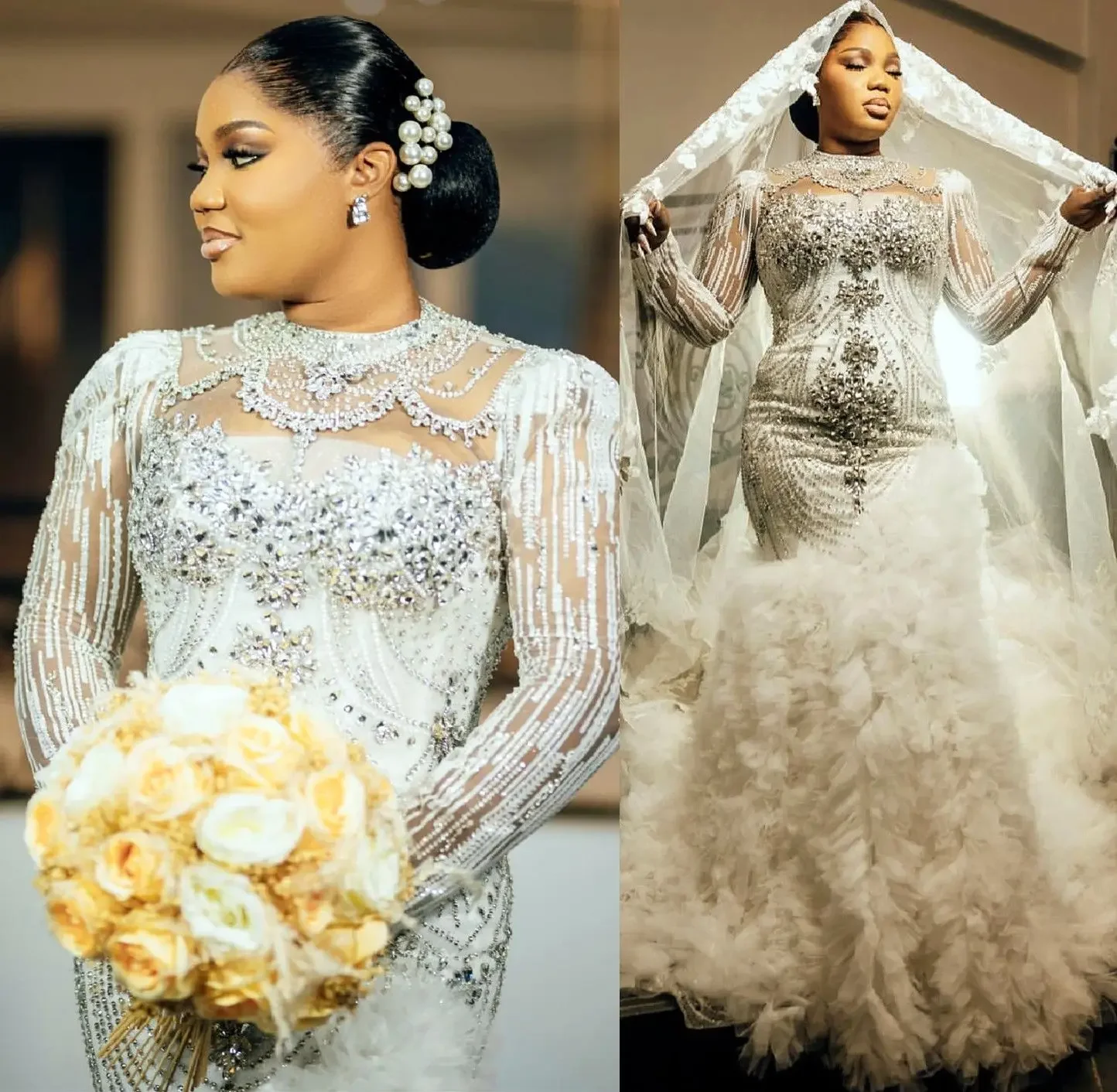 Customized Arabic Plus Size Mermaid Crystals Wedding Dresses Sheer Neck Tiers Tulle Bridal Gowns Dresses
Customized Arabic Plus Size Mermaid Crystals Wedding Dresses Sheer Neck Tiers Tulle Bridal Gowns Dresses