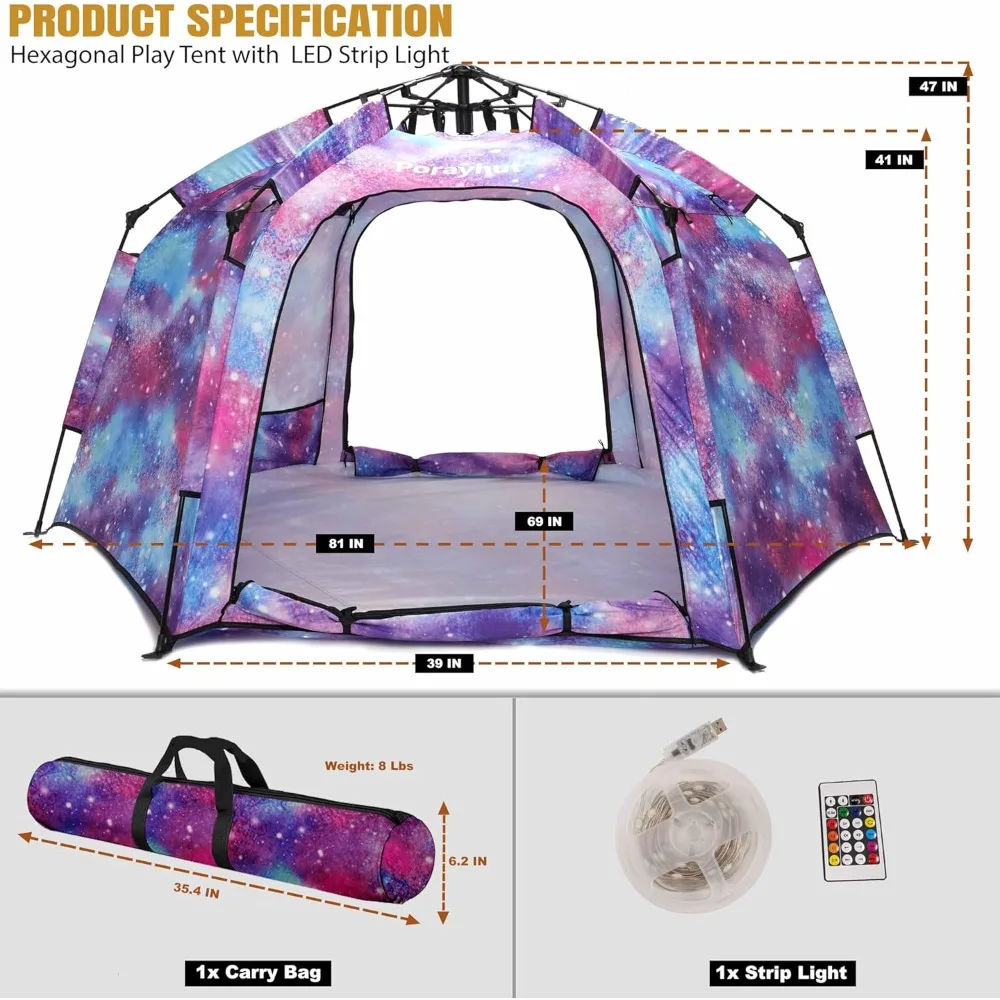 Portable Hexagon Kids Play Tent with LED Strip Lights Indoor Children Play House Easy Set-up Space Dream Tent
Portable Hexagon Kids Play Tent with LED Strip Lights Indoor Children Play House Easy Set-up Space Dream Tent