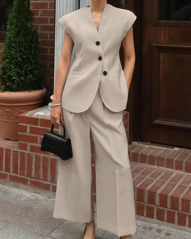Flying Sleeve Vest Long Pants Set 2025 Summer Commuting Suit Vest Wide Leg Long Pants Set for Women
Flying Sleeve Vest Long Pants Set 2025 Summer Commuting Suit Vest Wide Leg Long Pants Set for Women