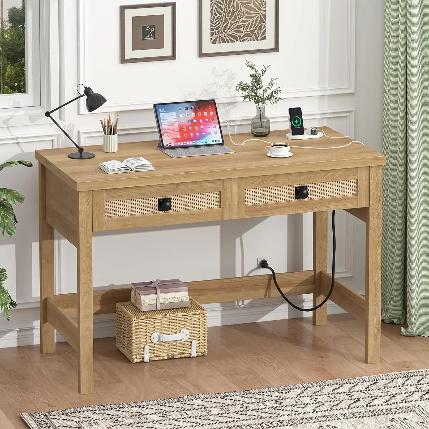 Rattan Computer Desk with 2 Drawers, 39 Inch Small Desk with Power Outlets, Farmhouse Boho Vanity Desks, Compact, Customized
Rattan Computer Desk with 2 Drawers, 39 Inch Small Desk with Power Outlets, Farmhouse Boho Vanity Desks, Compact, Customized