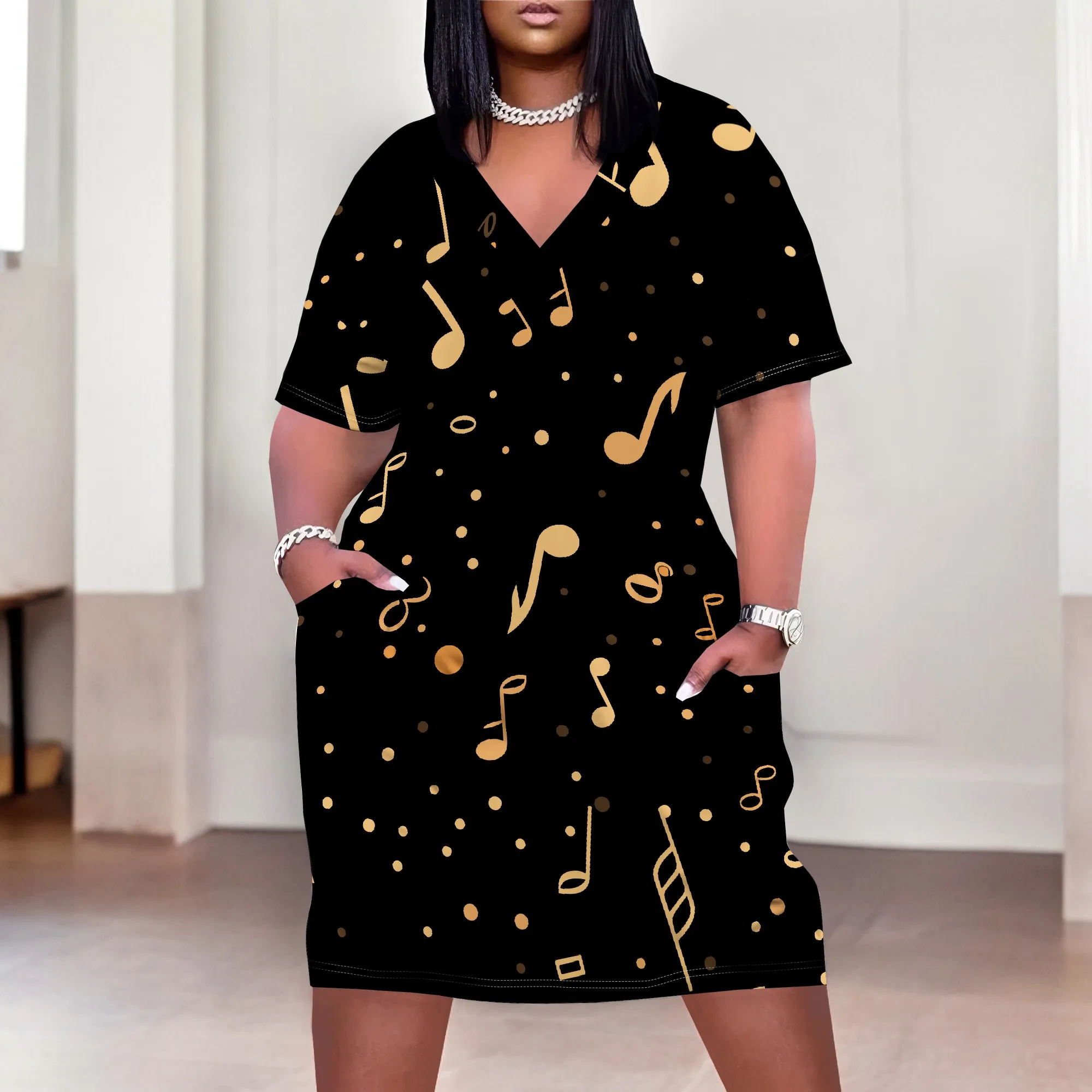 Plus Size Music Note Print Dress for Women Party Night V Neck Casual T Shirt Dress with Pockets
Plus Size Music Note Print Dress for Women Party Night V Neck Casual T Shirt Dress with Pockets