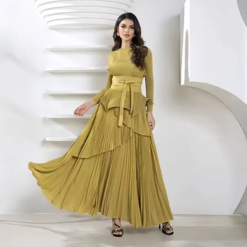 New Pleated Trend Party 2-Piece Sets Women O-neck Irregular Belt Long Sleeves Tops Long Skirt High Waist Wedding Birthday Gown
New Pleated Trend Party 2-Piece Sets Women O-neck Irregular Belt Long Sleeves Tops Long Skirt High Waist Wedding Birthday Gown