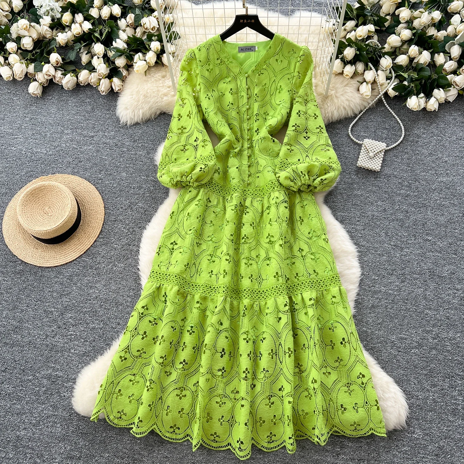 Buttons Hook Flower Hollow Out Design High Quality Lace Ruffles Long Dress French Vacation Dress Women
Buttons Hook Flower Hollow Out Design High Quality Lace Ruffles Long Dress French Vacation Dress Women