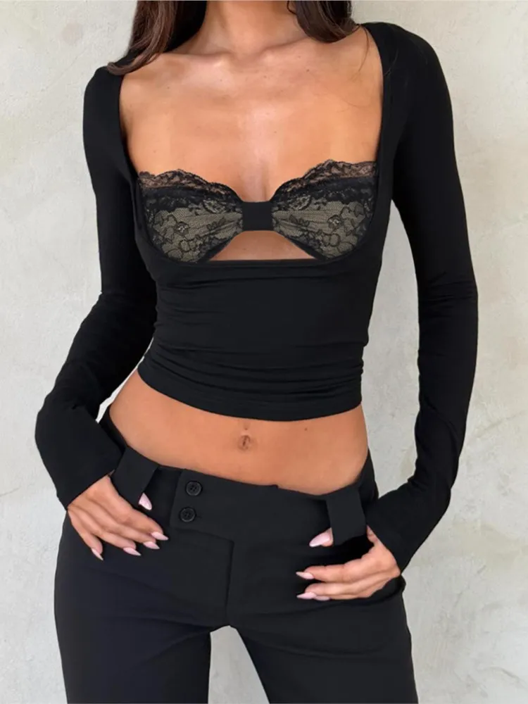 Sexy Women's Clothing Solid Color Lace Patchwork Top All-match Long Sleeves Simple Style Blusas Hollow Out Bodycon temperament
Sexy Women's Clothing Solid Color Lace Patchwork Top All-match Long Sleeves Simple Style Blusas Hollow Out Bodycon temperament