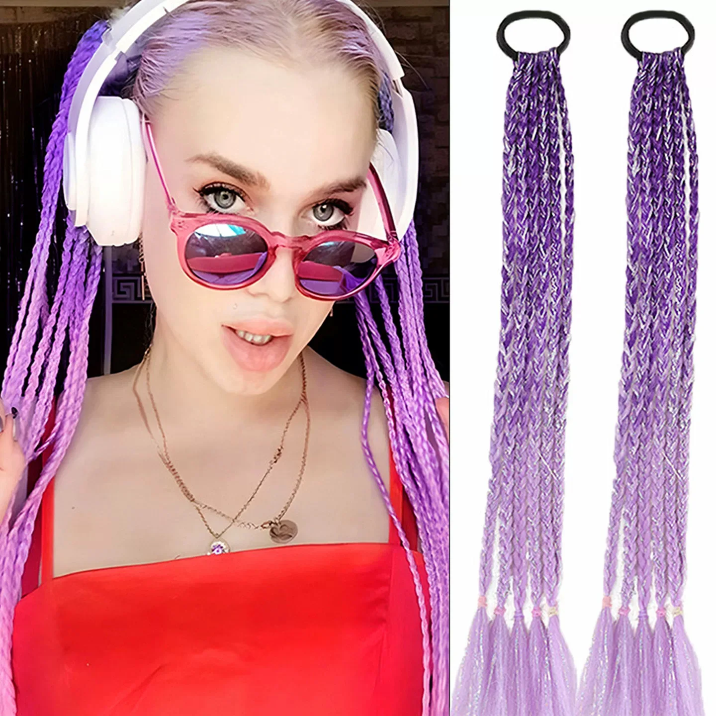 Braided Ponytail Extension Purple Glitter Tinsel Elastic Hair Tie Long Synthetic Hair Braid for Kids Women Festival Party
Braided Ponytail Extension Purple Glitter Tinsel Elastic Hair Tie Long Synthetic Hair Braid for Kids Women Festival Party