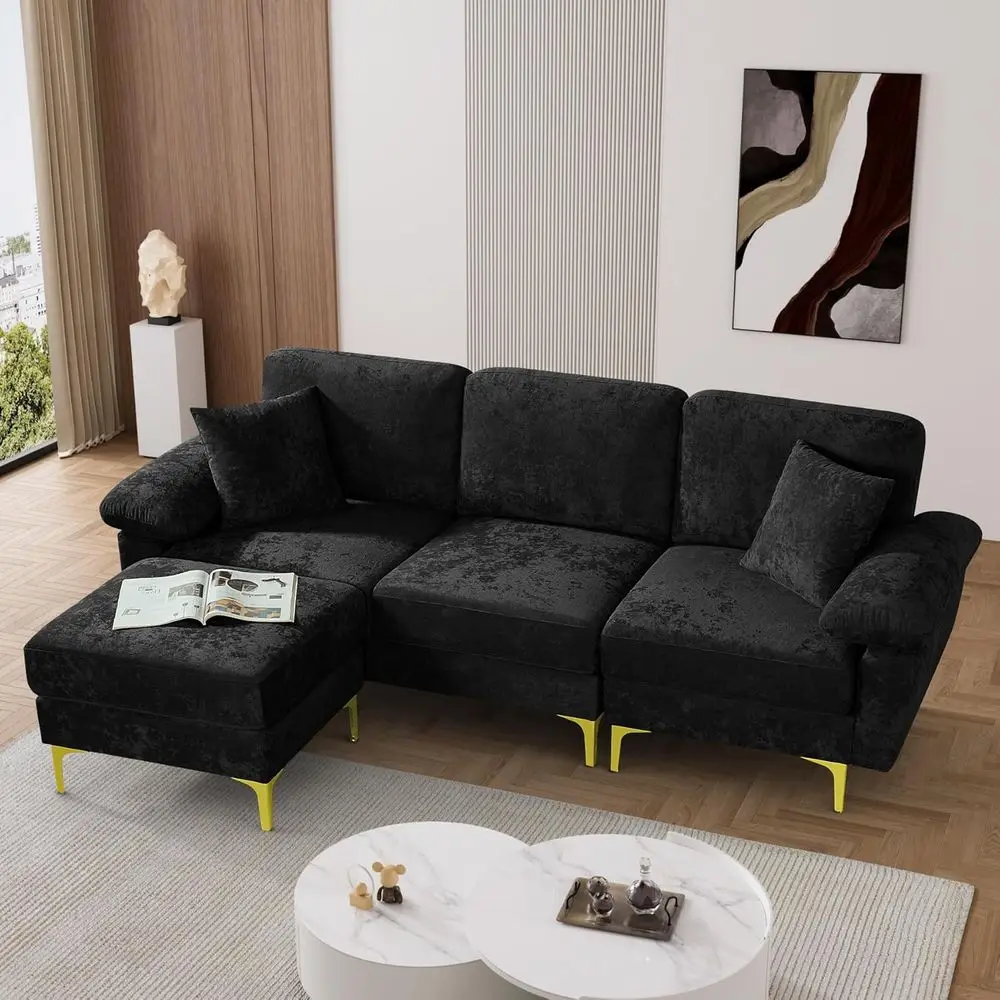 91 L-Shaped Velvet 3-Seat Sofa with Ottoman & Pillows, Deep Cloud Comfort for Living Room, Black
91 L-Shaped Velvet 3-Seat Sofa with Ottoman & Pillows, Deep Cloud Comfort for Living Room, Black