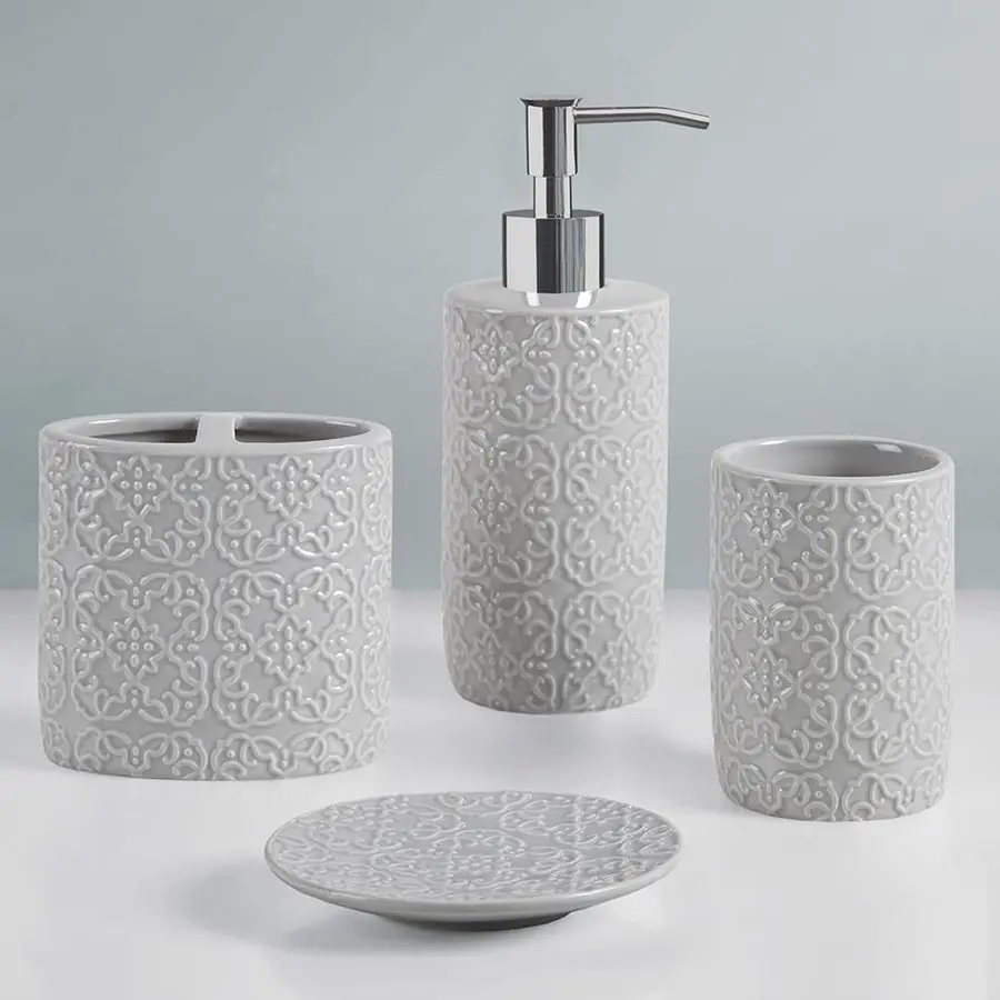 Ceramic Bathroom Accessories Set, Vanity Decor Storage Organizer, Embossed Damask Medallion, Lotion Soap Dispenser, Toothbrush H
Ceramic Bathroom Accessories Set, Vanity Decor Storage Organizer, Embossed Damask Medallion, Lotion Soap Dispenser, Toothbrush H