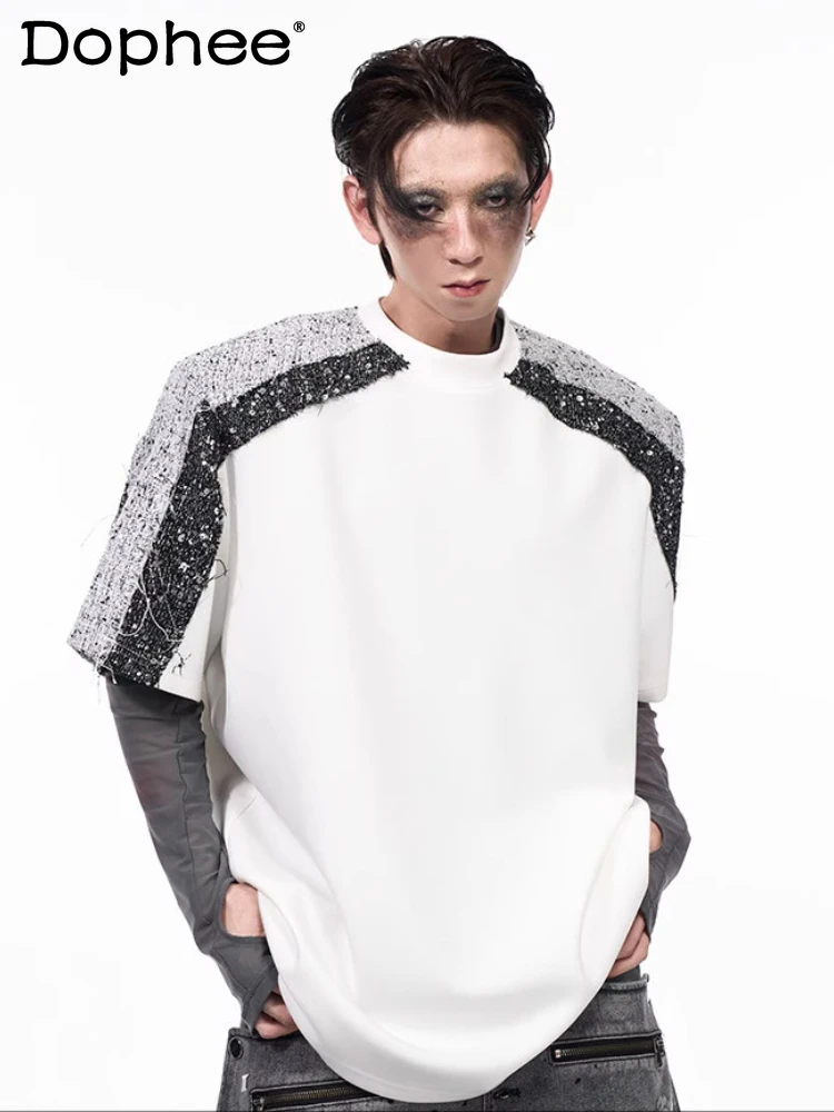 High-end Small Fragrant Shoulder Pad T-shirts Men's 2025 Summer New Light Luxury Tees Sequined Splicing Round Neck Chic T-shirt
High-end Small Fragrant Shoulder Pad T-shirts Men's 2025 Summer New Light Luxury Tees Sequined Splicing Round Neck Chic T-shirt