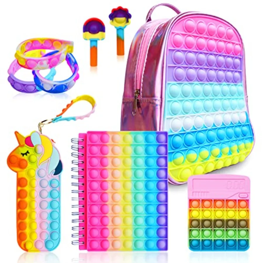 Pop Fidget Backpack for Girls, Pop it Bagsandpop it Notebook and Unicorn Pencil Case for'Fidget School Supplies Stress Relief,
Pop Fidget Backpack for Girls, Pop it Bagsandpop it Notebook and Unicorn Pencil Case for'Fidget School Supplies Stress Relief,