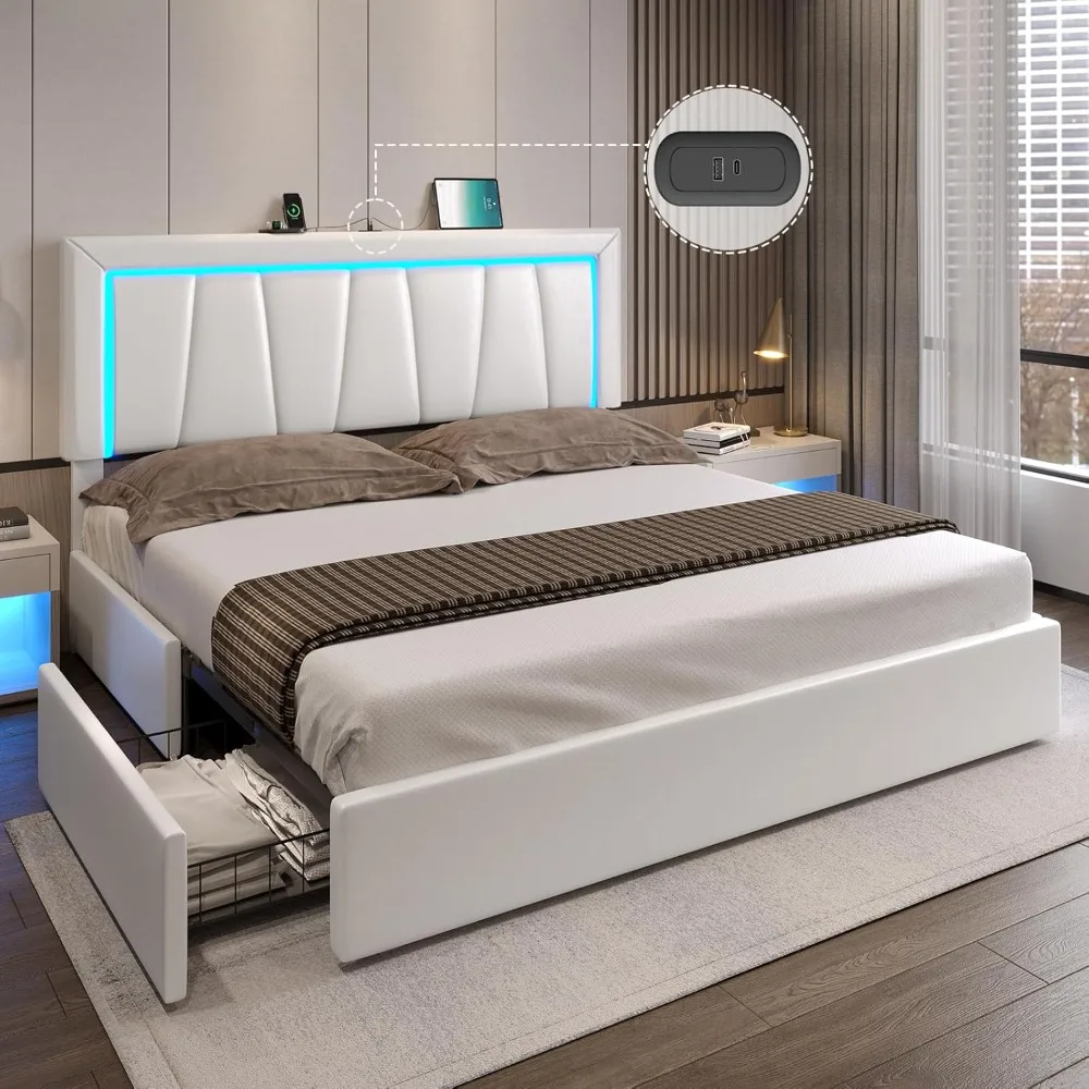 California King Bed Frame with 4 Storage Drawers, LED Lights, USB & Type-C Ports, Faux Leather Upholstered Headboard, Bed Frame
California King Bed Frame with 4 Storage Drawers, LED Lights, USB & Type-C Ports, Faux Leather Upholstered Headboard, Bed Frame
