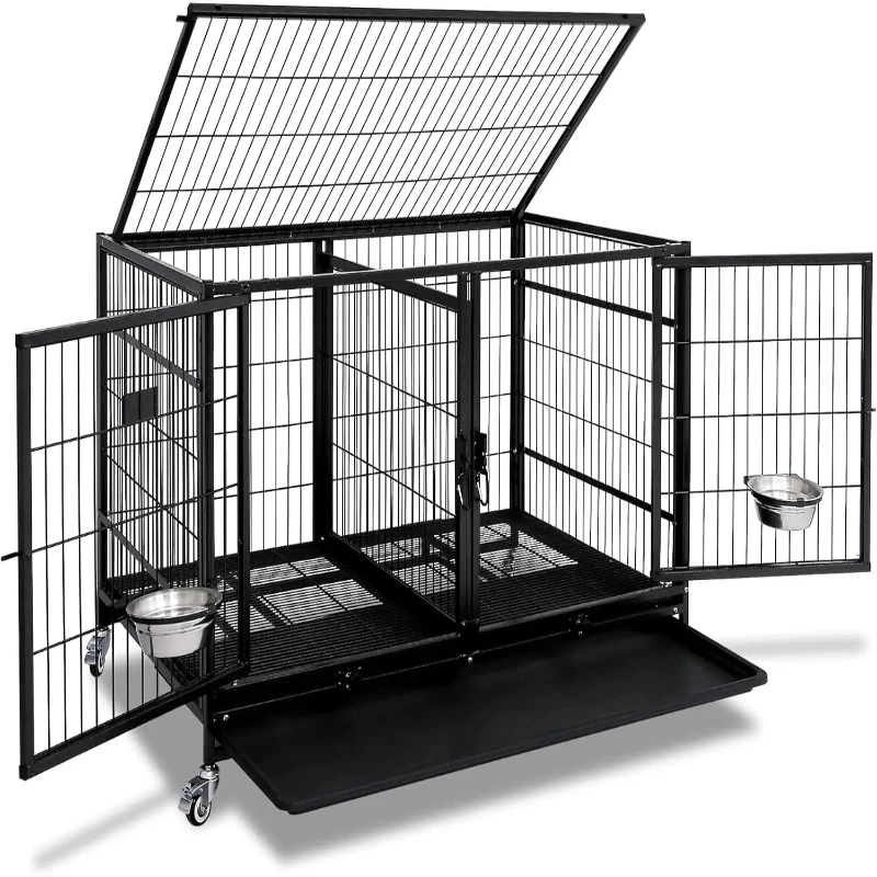43 Inch Metal Open Top Stackable Heavy Duty Dog Cage Kennel with Three Door, Floor Grid, Tray, Wheels, Divider and Feeding Bowl
43 Inch Metal Open Top Stackable Heavy Duty Dog Cage Kennel with Three Door, Floor Grid, Tray, Wheels, Divider and Feeding Bowl