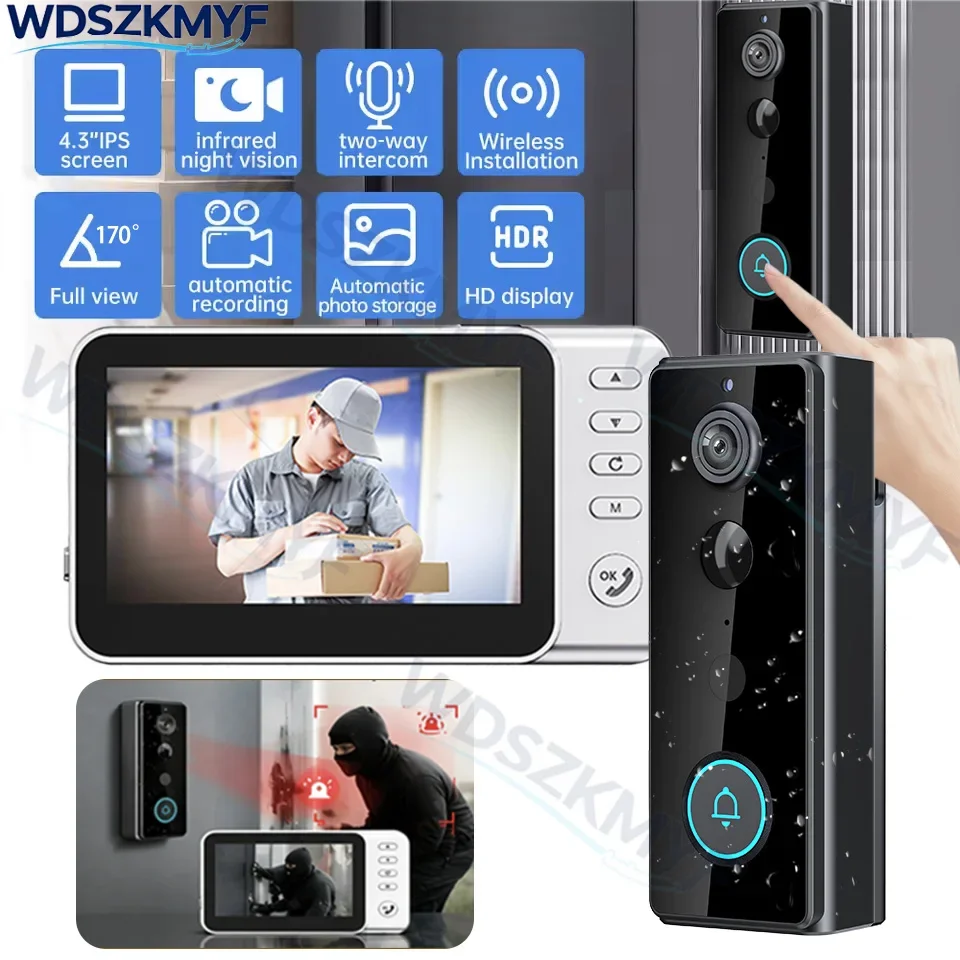 New Waterproof Doorbell Camera 4.3in IPS Screen Wireless Two-way Intercom Doorbell PIR motion sensor Smart Home Security Video
New Waterproof Doorbell Camera 4.3in IPS Screen Wireless Two-way Intercom Doorbell PIR motion sensor Smart Home Security Video