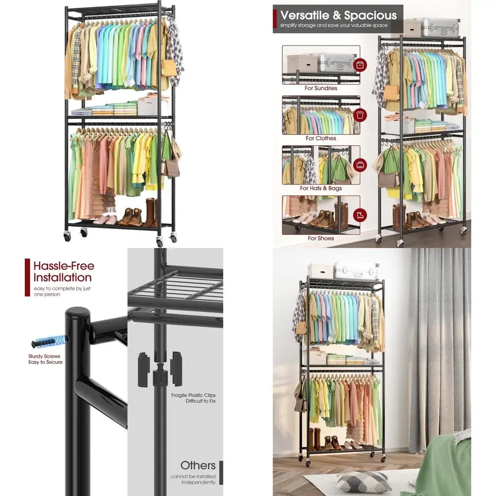 Multi-Functional Metal Clothing Rack with Shelves, Wheels, and Hooks for Bedroom, Laundry, Balcony (Black)
Multi-Functional Metal Clothing Rack with Shelves, Wheels, and Hooks for Bedroom, Laundry, Balcony (Black)