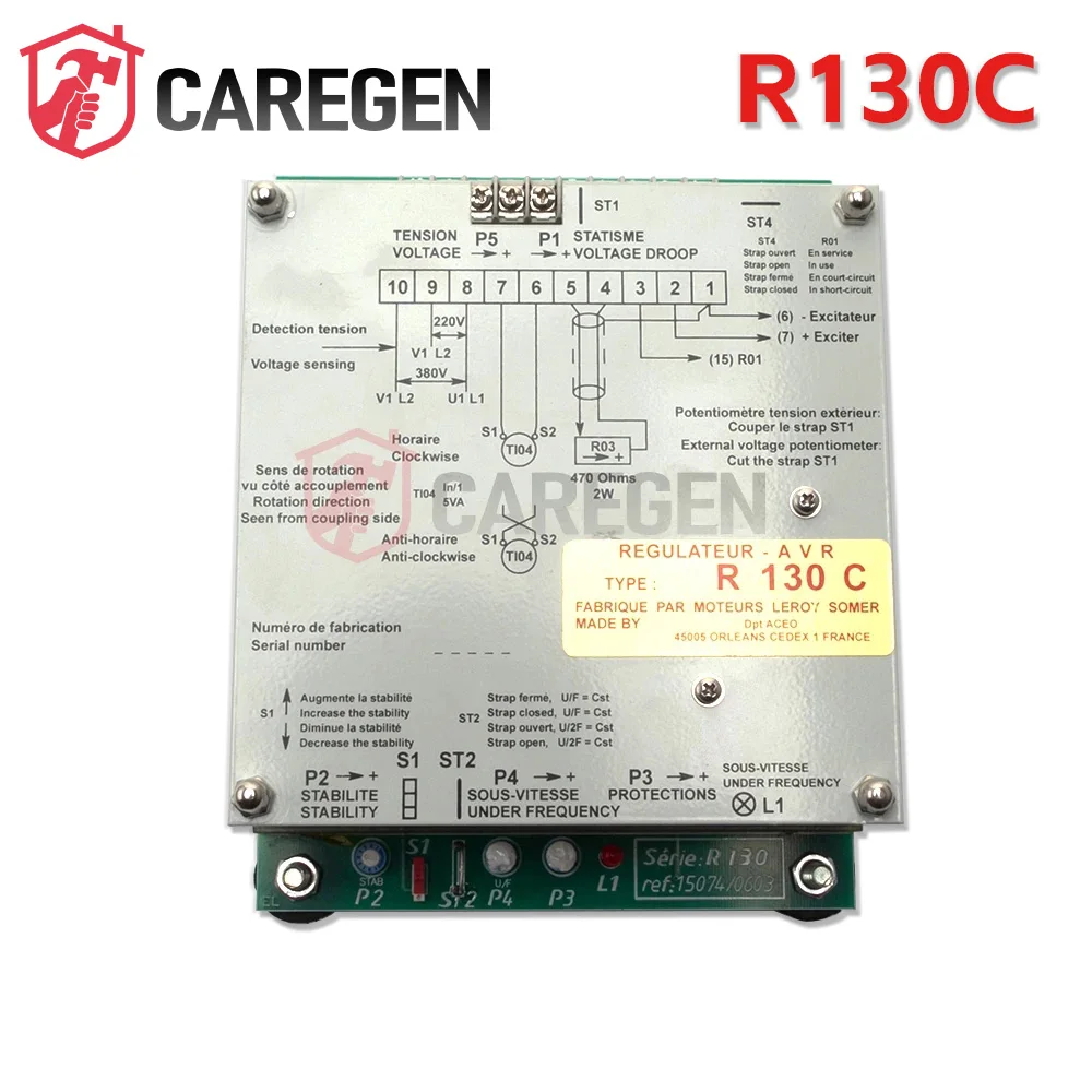 CAREGEN R130C AVR Leroy Somer Модуль стабилизатора генератора, детали управления интегральной схемой
CAREGEN R130C AVR Leroy Somer Модуль стабилизатора генератора, детали управления интегральной схемой
