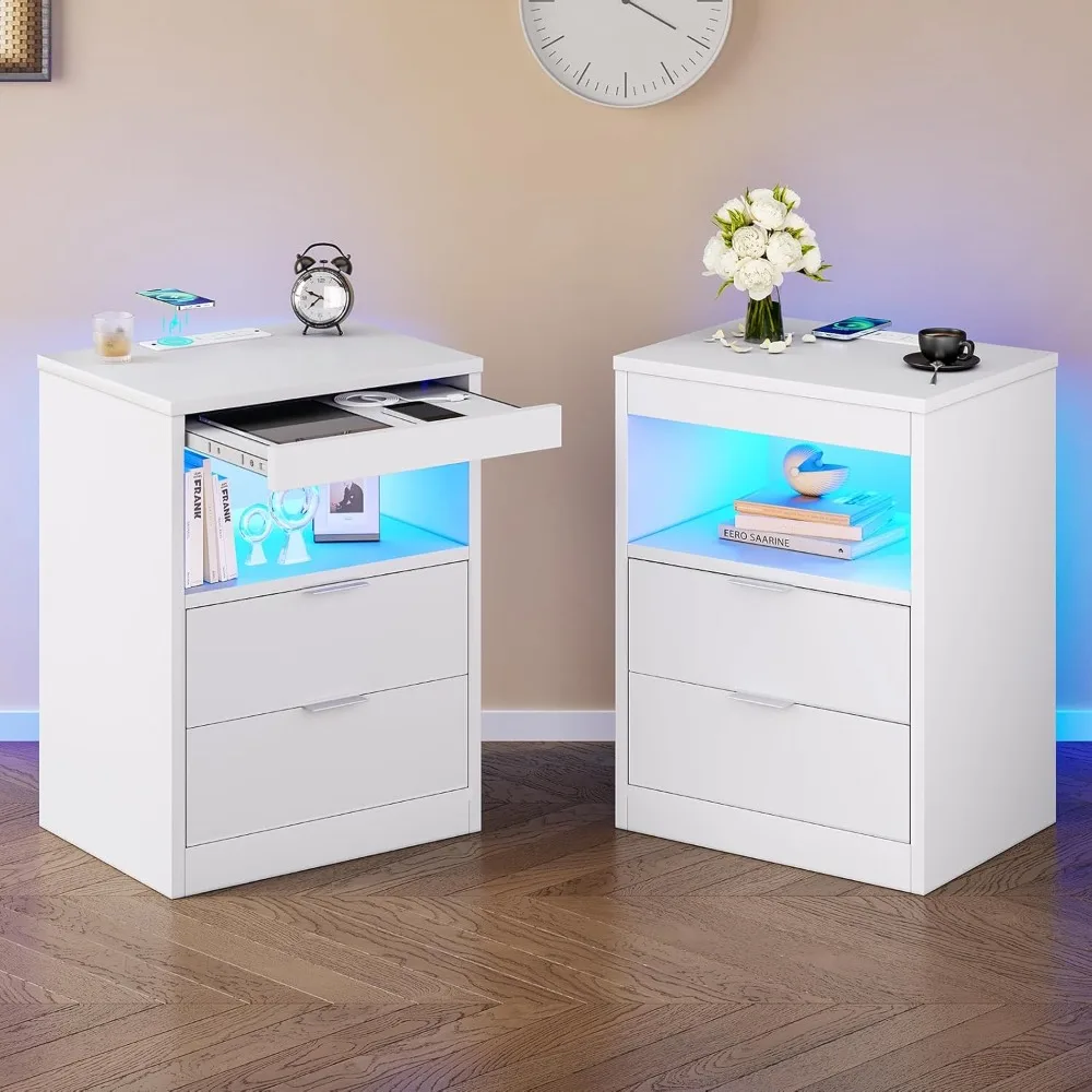 White Nightstand Set of 2, LED Nightstand with Wireless Charging Station, Night Stand with Drawers
White Nightstand Set of 2, LED Nightstand with Wireless Charging Station, Night Stand with Drawers