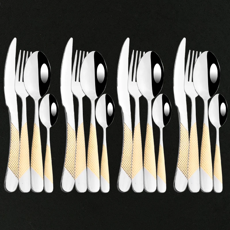 High Quality Tableware 16Pcs Silver Cutlery Set Gold Luxury Steak Knife Fork Spoon Dinnerware Set Dinner Kitchen Silverware Set
High Quality Tableware 16Pcs Silver Cutlery Set Gold Luxury Steak Knife Fork Spoon Dinnerware Set Dinner Kitchen Silverware Set