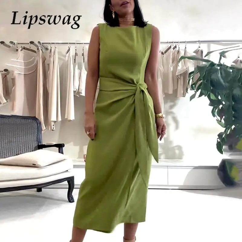 Office Fashion Tie-up Formal Long Dress 2024 Ladies Simple Crew Neck Solid Party Dress Elegant Slim Sleeveless New Office Dress
Office Fashion Tie-up Formal Long Dress 2024 Ladies Simple Crew Neck Solid Party Dress Elegant Slim Sleeveless New Office Dress