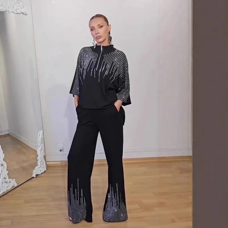 Pant Set Women Two Piece Sets Mock Neck Tops Three Quarter Sleeve Zipper Hot Drilling Wide Leg Long Pants Y2k Streetwear 2026
Pant Set Women Two Piece Sets Mock Neck Tops Three Quarter Sleeve Zipper Hot Drilling Wide Leg Long Pants Y2k Streetwear 2026