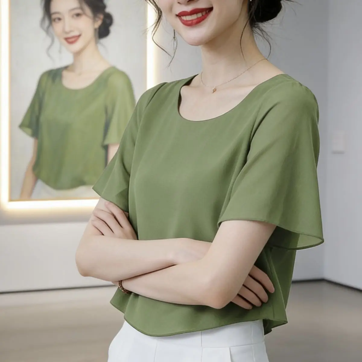 Short Sleeve Chiffon T-Shirt Women's Top Short Style Outerwear New Fashion plus Size Design Sensation Small Audience
Short Sleeve Chiffon T-Shirt Women's Top Short Style Outerwear New Fashion plus Size Design Sensation Small Audience