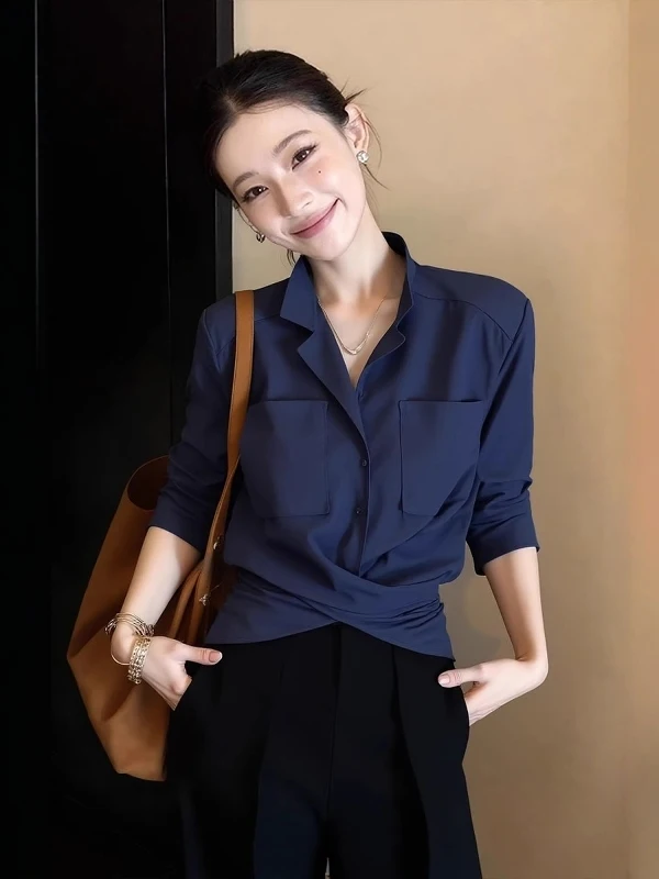 Slimming Blue Long Sleeve Shirt Women's Commute Style Waist-Cinching Design Polyester Fiber Collar Short Length
Slimming Blue Long Sleeve Shirt Women's Commute Style Waist-Cinching Design Polyester Fiber Collar Short Length