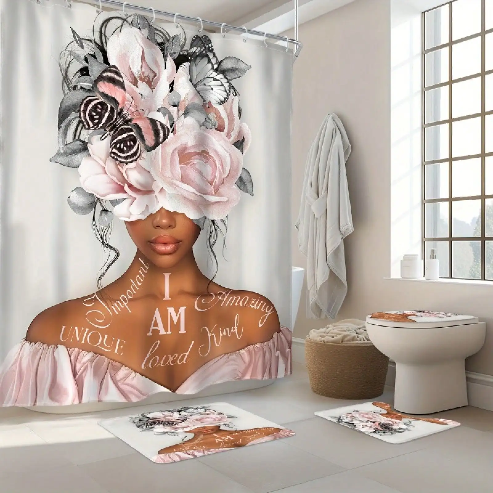 4pcs American-Themed Complete Bathroom Set With Shower Curtain, Non-Slip Floor & Toilet Mats, U-Shaped Cover Mat - Gray Pink Peony Floral & Empowering Quotes Decor, 12 Hooks - Machine Washable, 2D Flat, Bathroom Decor, Christmas Decorations
4pcs American-Themed Complete Bathroom Set With Shower Curtain, Non-Slip Floor & Toilet Mats, U-Shaped Cover Mat - Gray Pink Peony Floral & Empowering Quotes Decor, 12 Hooks - Machine Washable, 2D Flat, Bathroom Decor, Christmas Decorations