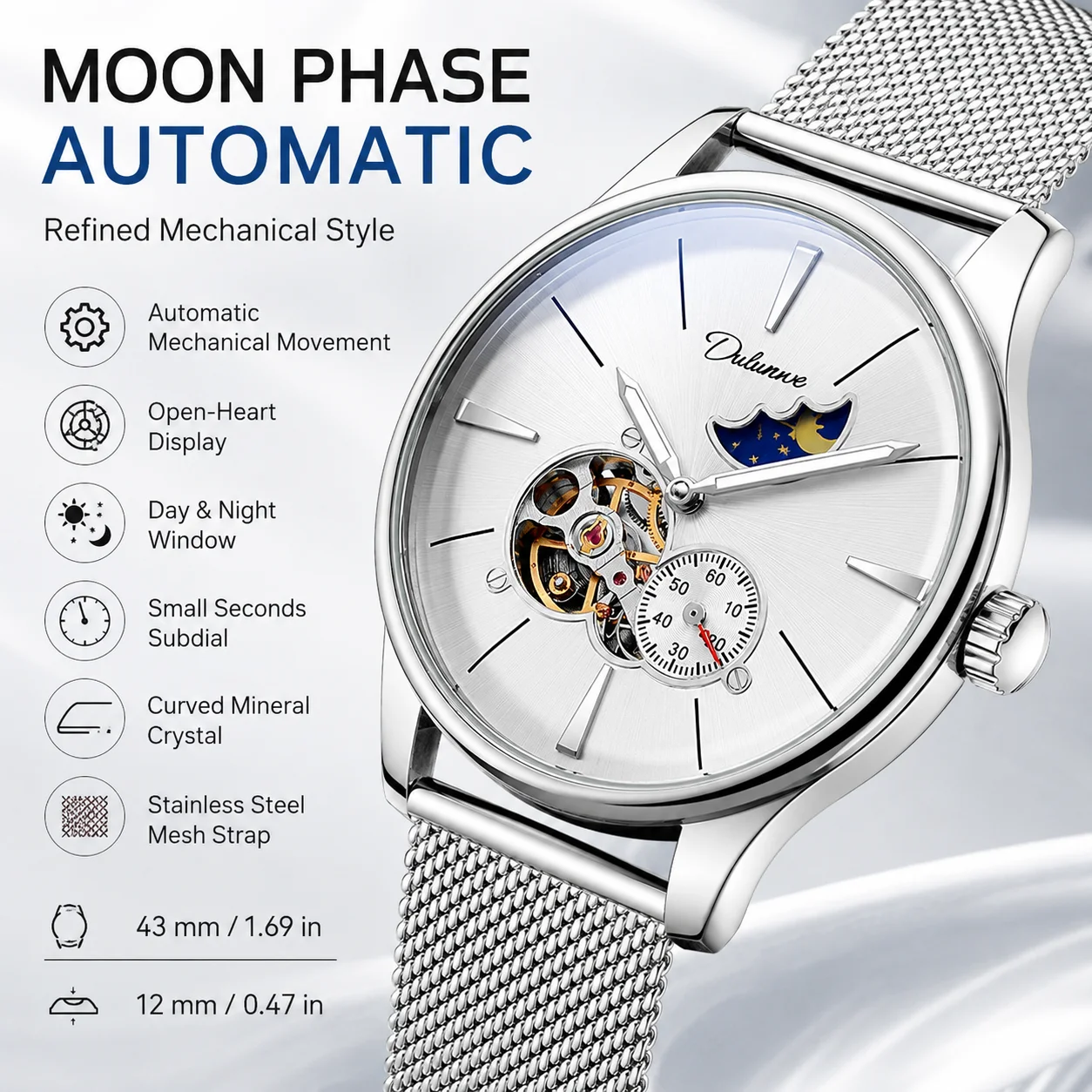 Men Automatic Mechanical Watch Open Heart Sun Moon Dial Stainless Steel Mesh Bracelet Luminous Business Casual Wristwatch
Men Automatic Mechanical Watch Open Heart Sun Moon Dial Stainless Steel Mesh Bracelet Luminous Business Casual Wristwatch