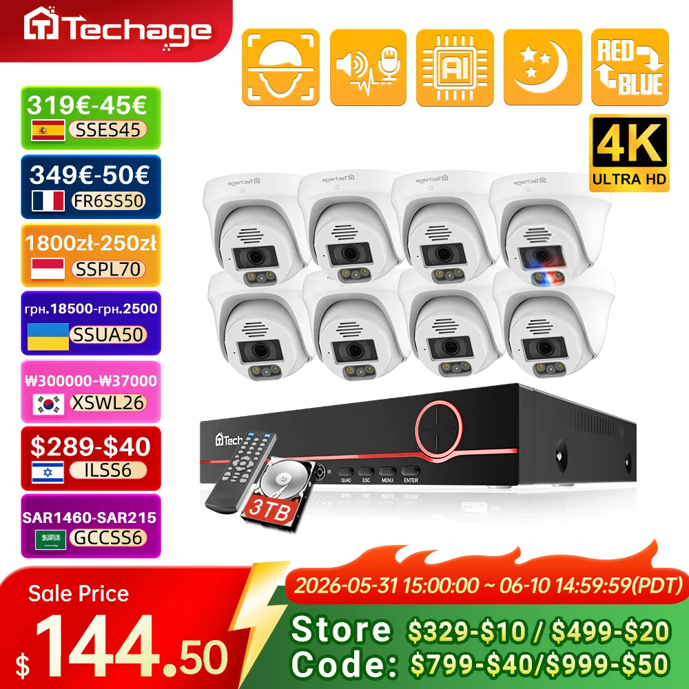 Techage 8CH 4K PoE Camera System NVR Kit 8MP CCTV 2-Way Audio Face Detect Color Night Vision H.265 Video Surveillance P2P ONVIF
Techage 8CH 4K PoE Camera System NVR Kit 8MP CCTV 2-Way Audio Face Detect Color Night Vision H.265 Video Surveillance P2P ONVIF