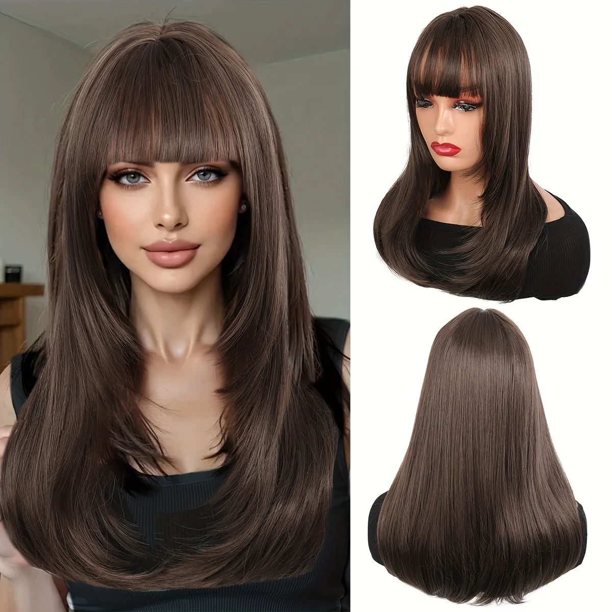 synthetic long 20inch Brown Black Hair Wig With Bangs, Elegant Natural Look Long layered Straight For Daily, Party, Holiday, And
synthetic long 20inch Brown Black Hair Wig With Bangs, Elegant Natural Look Long layered Straight For Daily, Party, Holiday, And